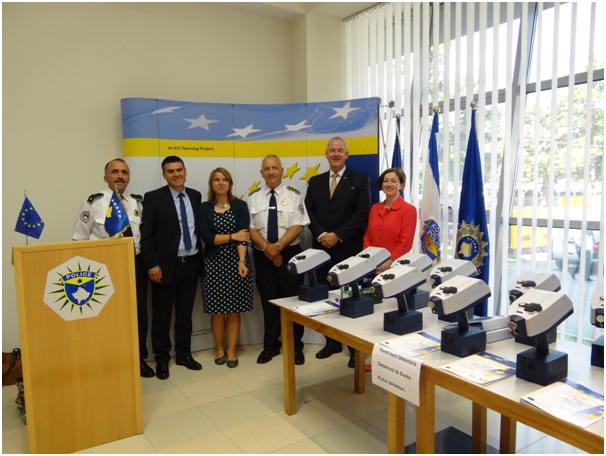 L-R: Captain Fazli Rugova, Head of the Unit for Operational Planning, Kosovo Police; Major Bahri Shala, Head of Narcotics Directorate, Kosovo Police; Ms Yvonne Gogoll, EU Task Manager; Mr Gareth Evans, Resident Twinning Advisor; Ms Jean Caldwell, Project Manager, NI-CO